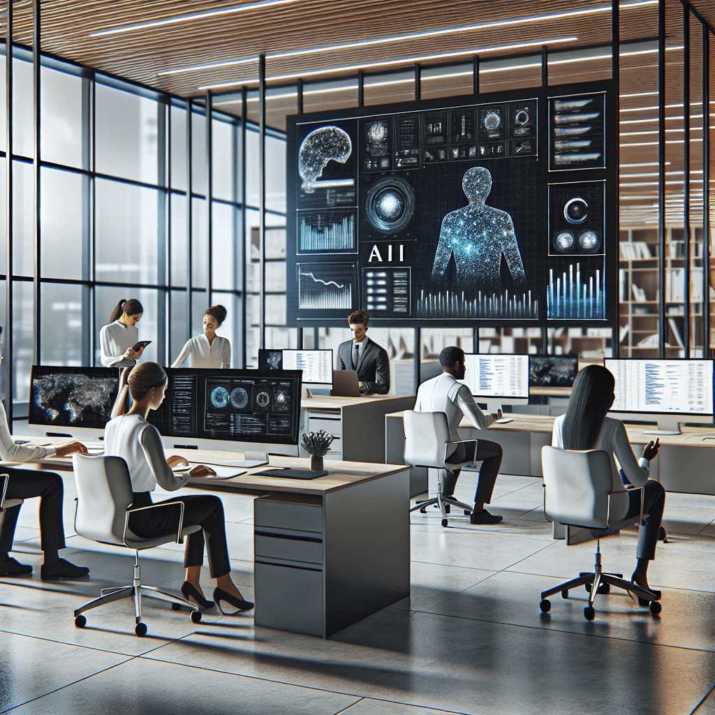 Корпоративен офис с AI система на екран и работещи професионалисти.